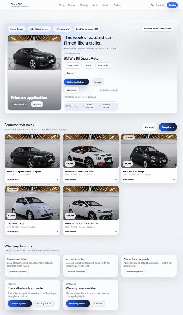 SimpleDMS demo dealer website homepage preview